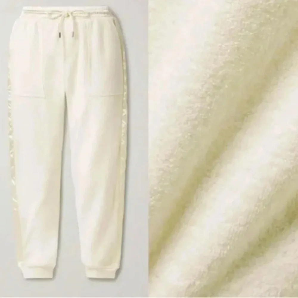 ATM Women XL Cream Satin French Cotton Terry Pull-On Chalk Jogger Track Pant NWT